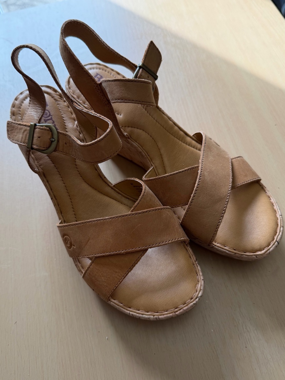 Boc Born Women's Tan Leather Slingback Wedge Sandals with cork heel.